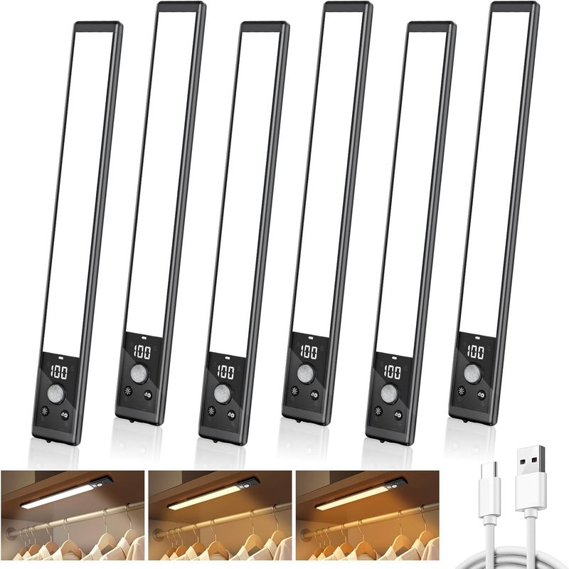 Mpotmiy 6 Pack 12" Under Cabinet Lights with Digital Display,2200mAh Rechargeable Motion Sensor Light Indoor,3 Color Temperatures, Magnetic Dimmable Closet Lights, Under Counter Light for Kitchen - Image 1